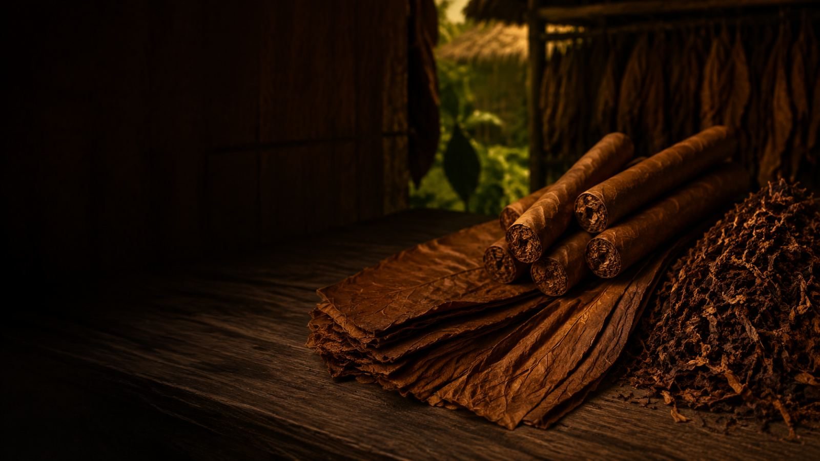 Cigars and cured leaf on a dark bench