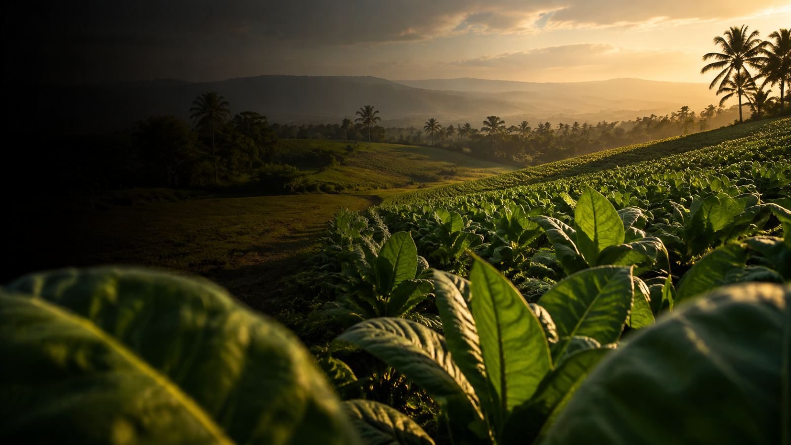 Tobacco fields and palms in El Seibo, Dominican Republic