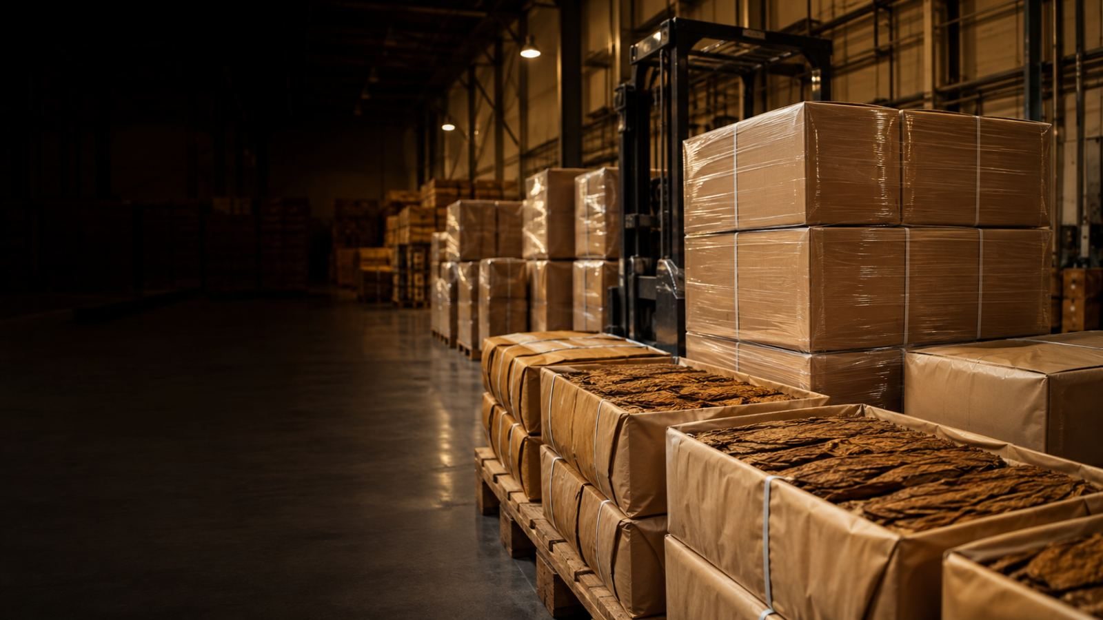 Cases prepared for export in a warehouse