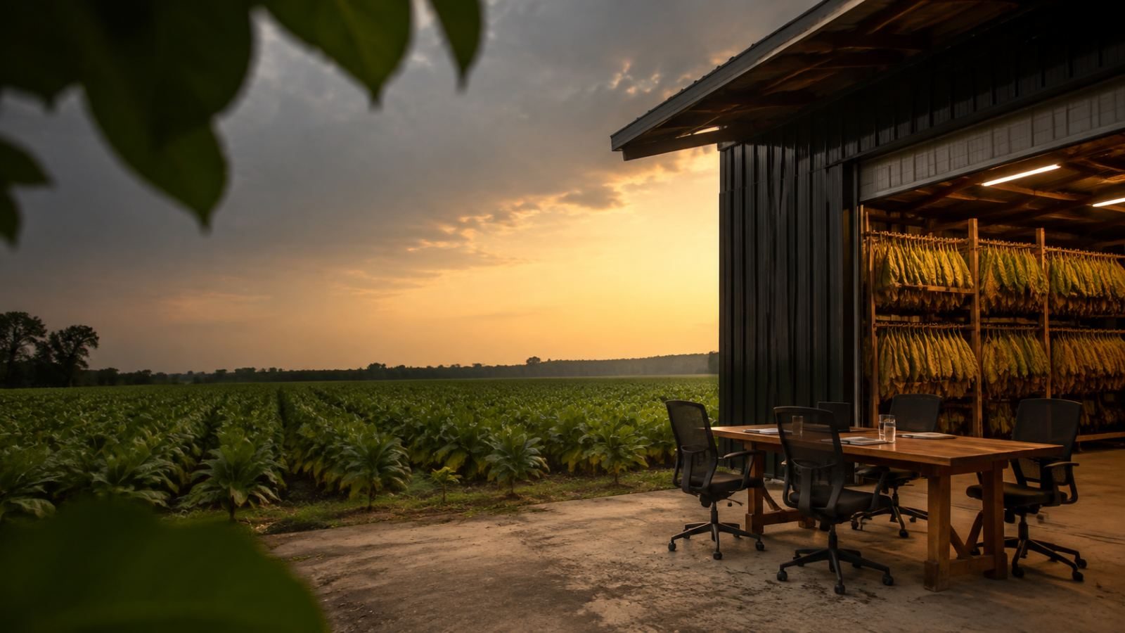 Working table beside an open curing barn at dusk